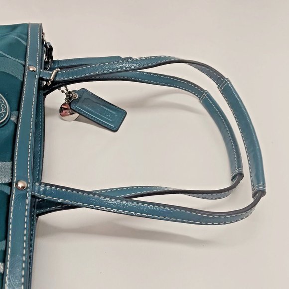 COACH F20429 Signature Stripe Metallic Turquoise Tote Shoulder Bag Purse EUC - Picture 11 of 14